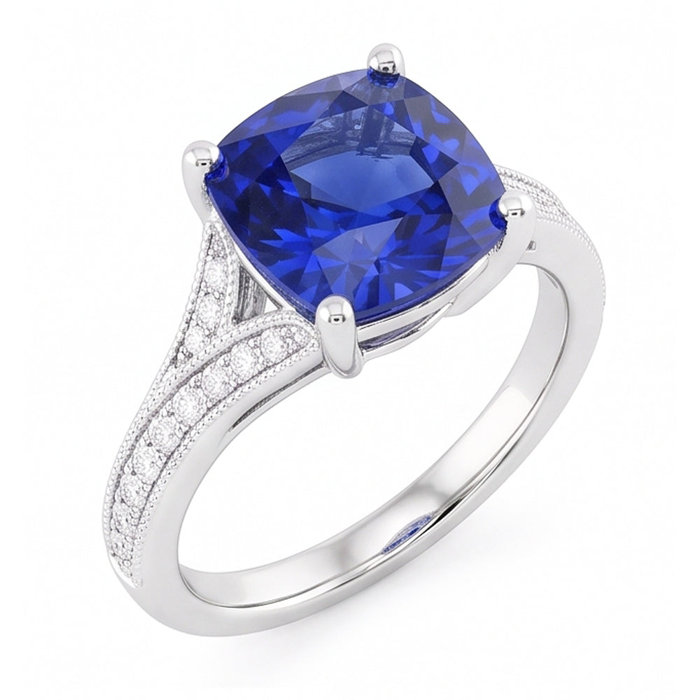 Cushion Sapphire Gemstone Ring 3.50 Carats Split Shank Women’s Jewelry