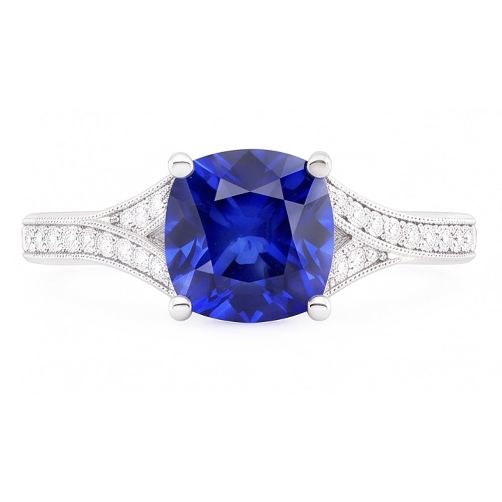 Cushion Sapphire Gemstone Ring 3.50 Carats Split Shank Women’s Jewelry
