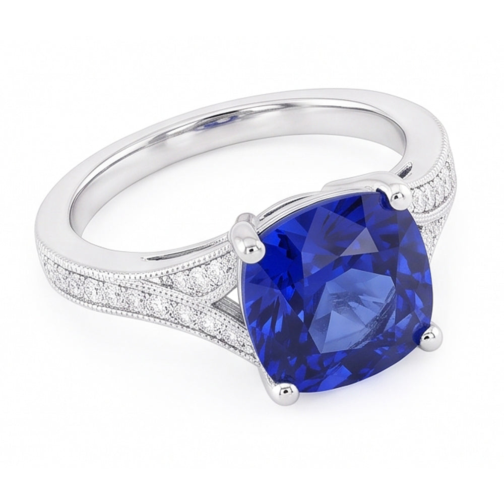 Cushion Sapphire Gemstone Ring 3.50 Carats Split Shank Women’s Jewelry