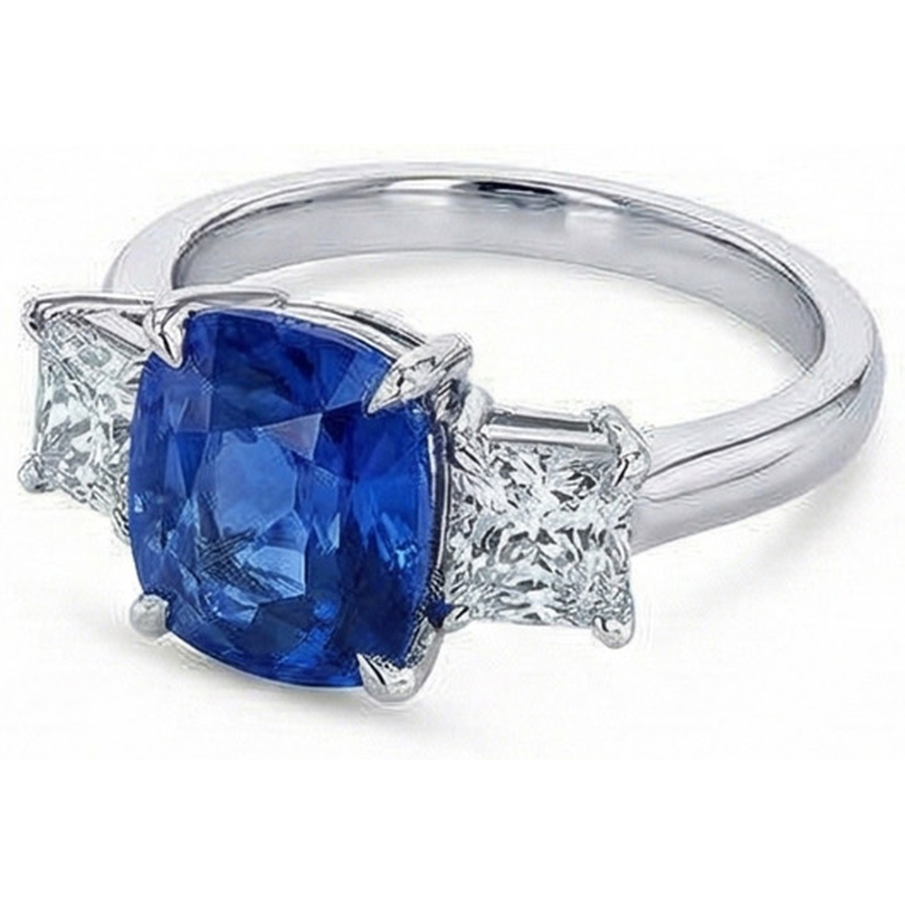 Cushion Sapphire With Natural Earth Mined Diamonds 4 Carats Engagement Ring