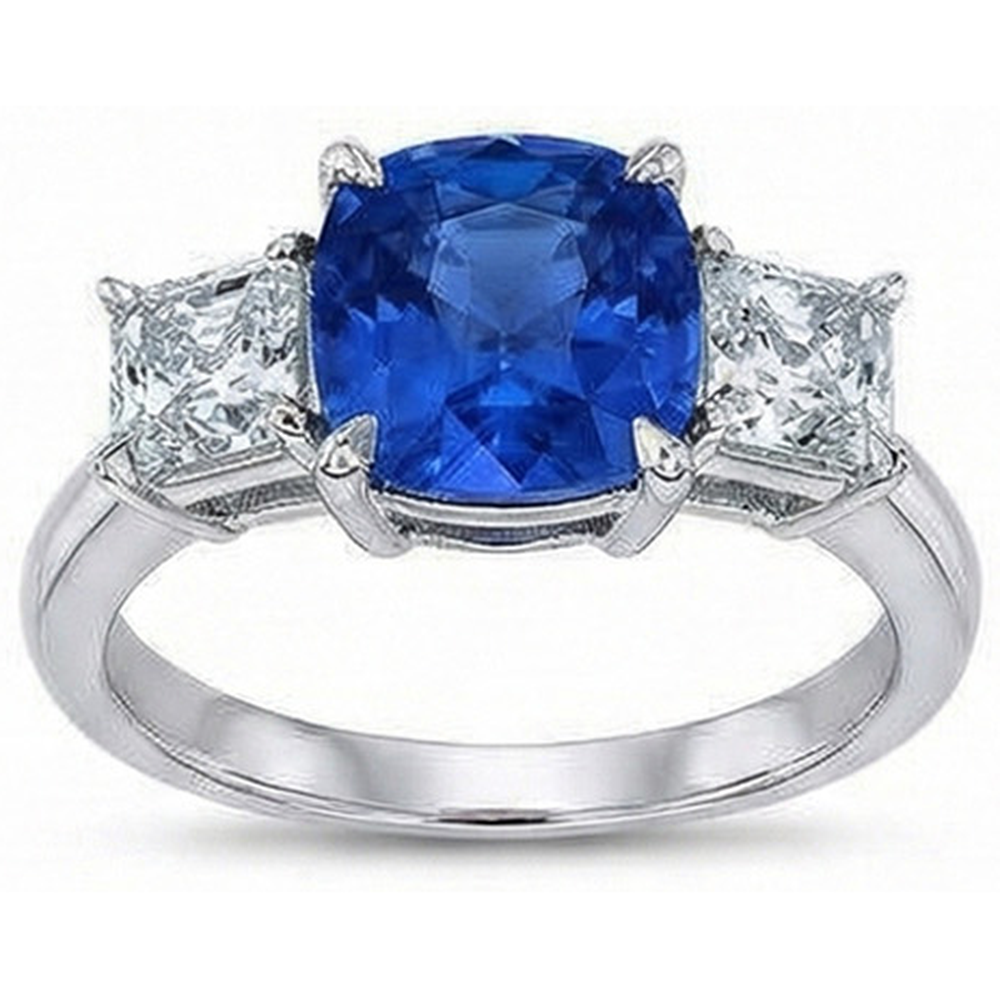 Cushion Sapphire With Natural Earth Mined Diamonds 4 Carats Engagement Ring