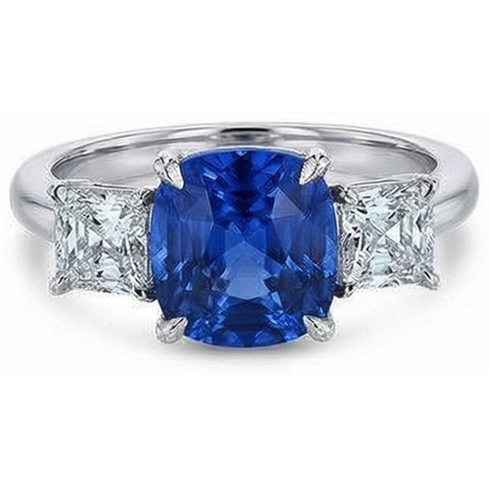Cushion Sapphire With Natural Earth Mined Diamonds 4 Carats Engagement Ring