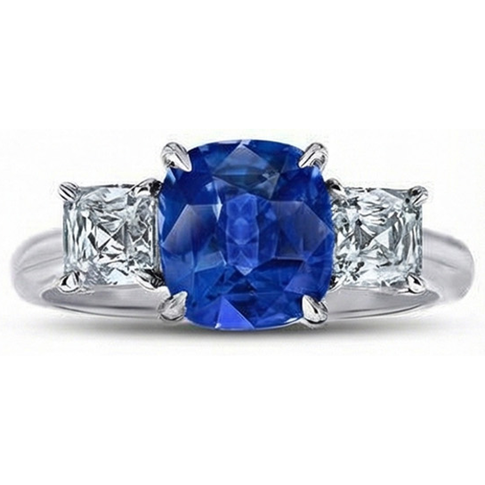 Cushion Sapphire With Natural Earth Mined Diamonds 4 Carats Engagement Ring