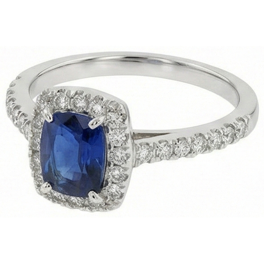 Cushion Sapphire With Round Natural Earth Mined Diamond ( Not Lab Grown ) 3.90 Ct. Ring White Gold 14K
