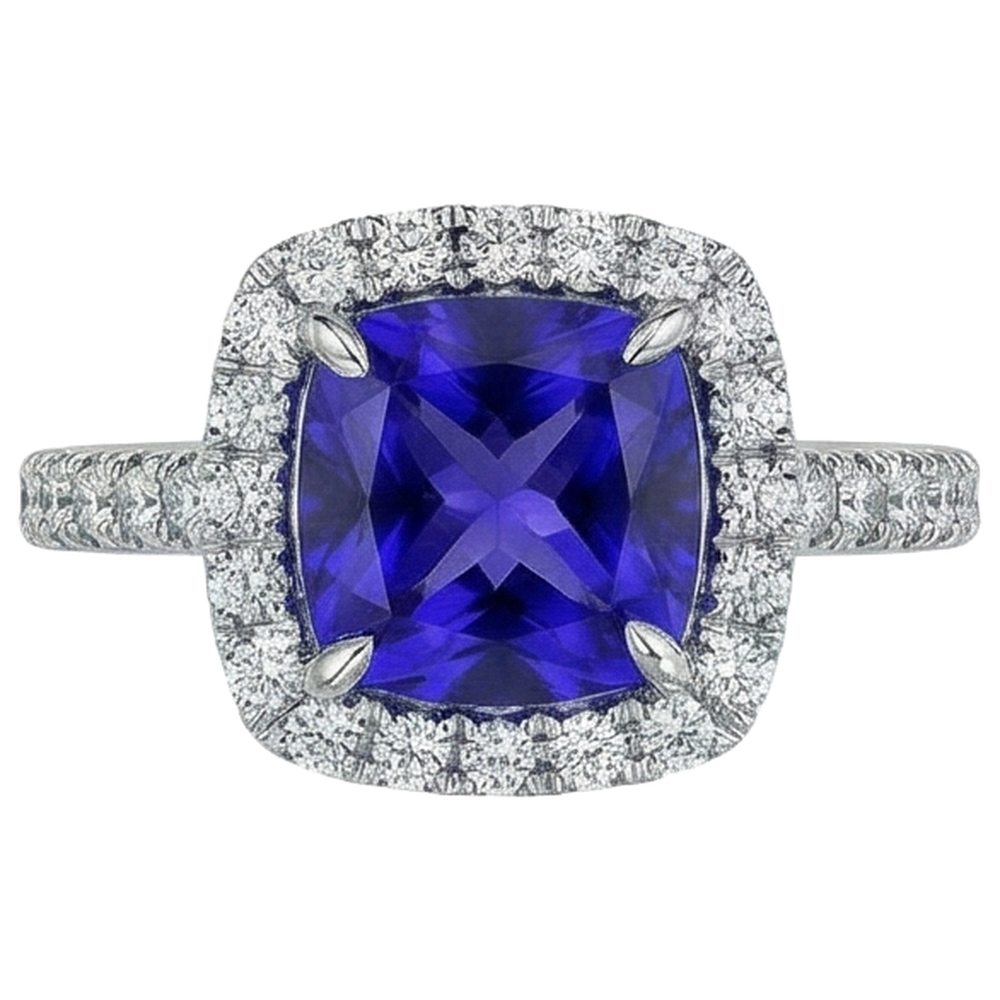 Cushion Shape 2.25 Carats Tanzanite With Natural Earth Mined Diamond ( Not Lab Grown ) Wedding Ring Jewelry
