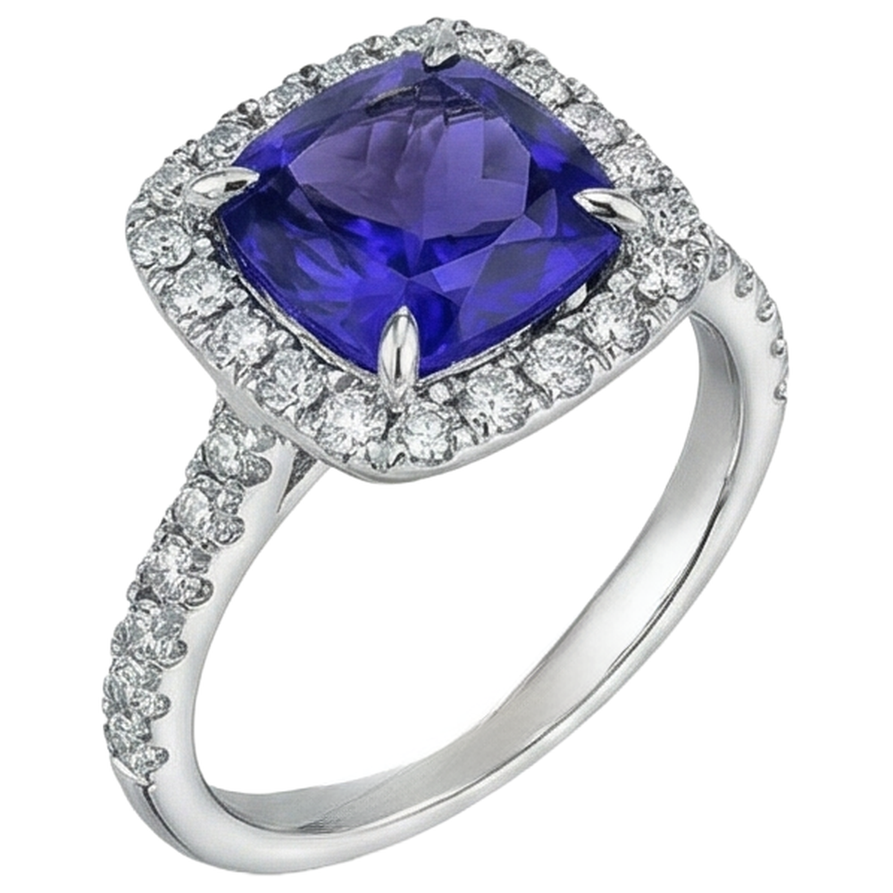 Cushion Shape 2.25 Carats Tanzanite With Natural Earth Mined Diamond ( Not Lab Grown ) Wedding Ring Jewelry