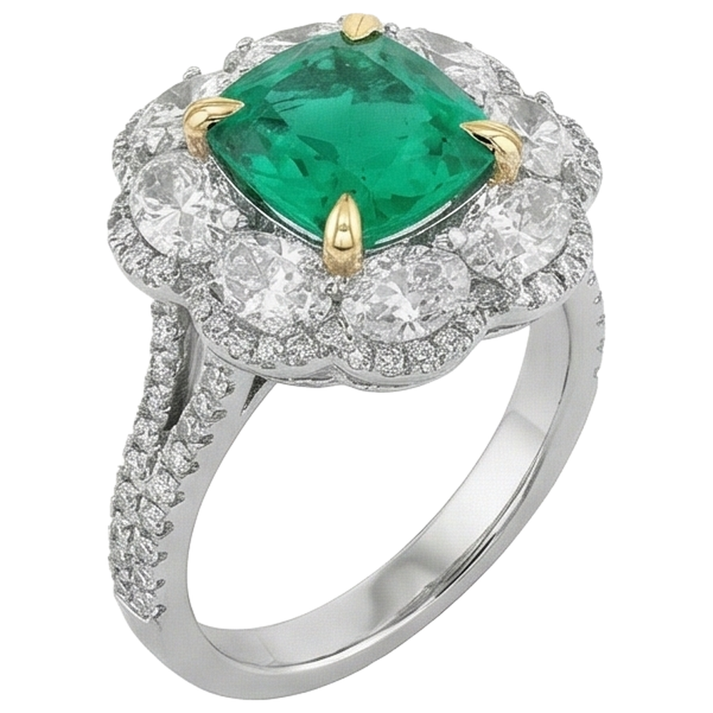Colombian Emerald Cushion Cut Precious Stone Ring in 14 Karat Two Tone Gold – side view