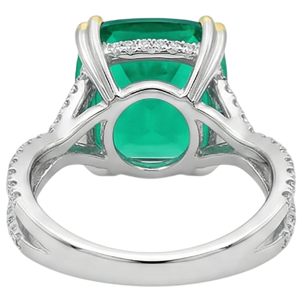 Emerald Cushion Cut Gemstone Ring in 14 Karat Two Tone Gold – back view