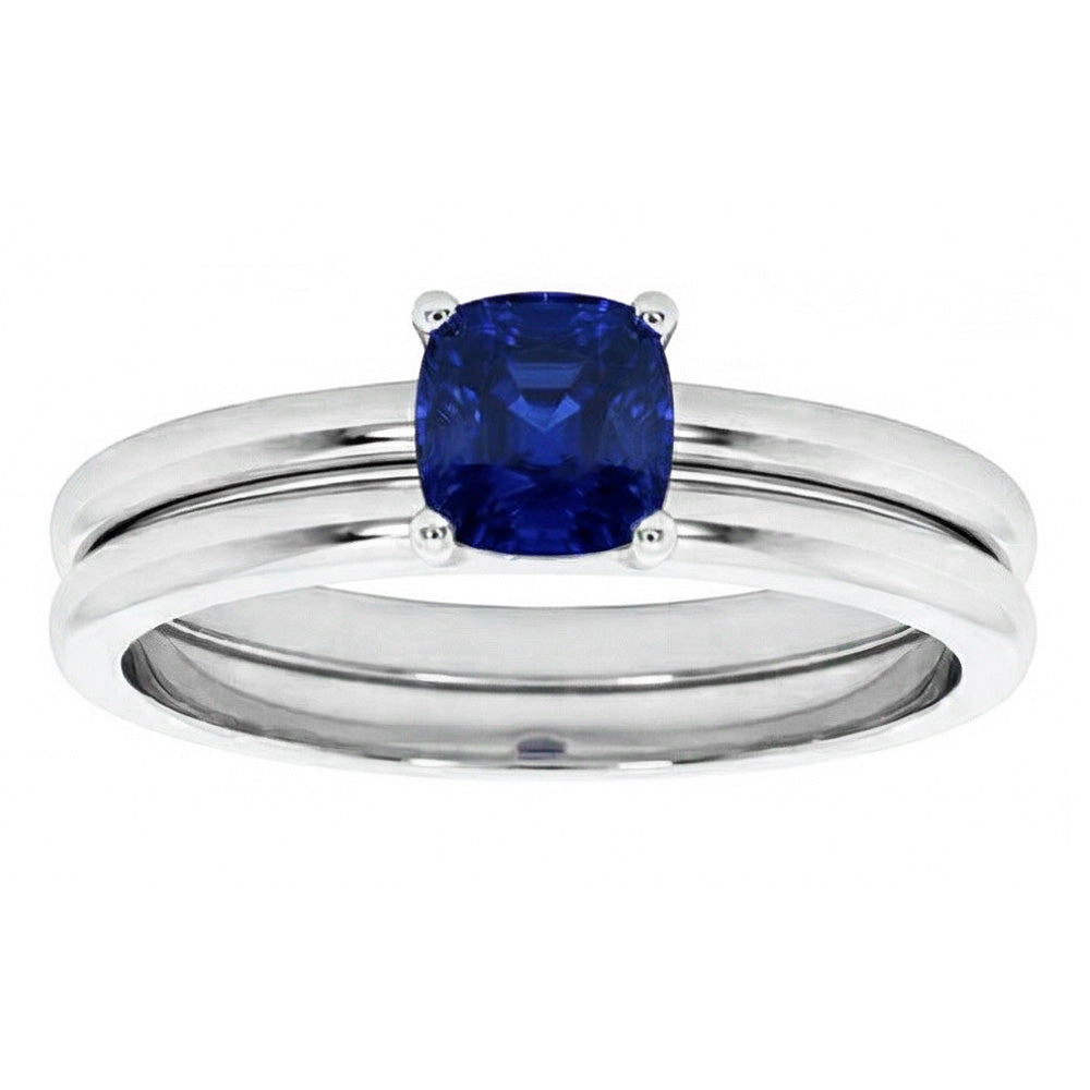 Cushion Solitaire Blue Sapphire Engagement Ring Set 1 Carat