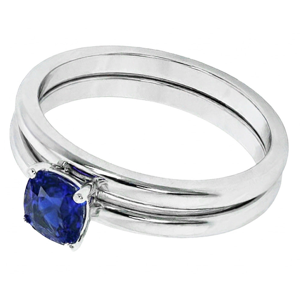Cushion Solitaire Blue Sapphire Engagement Ring Set 1 Carat