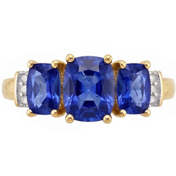 Cushion Sri Lanka Blue Sapphire Natural Earth Mined Diamond ( Not Lab Grown )  Ring 3-Stone 5.26 Carat YG 14K