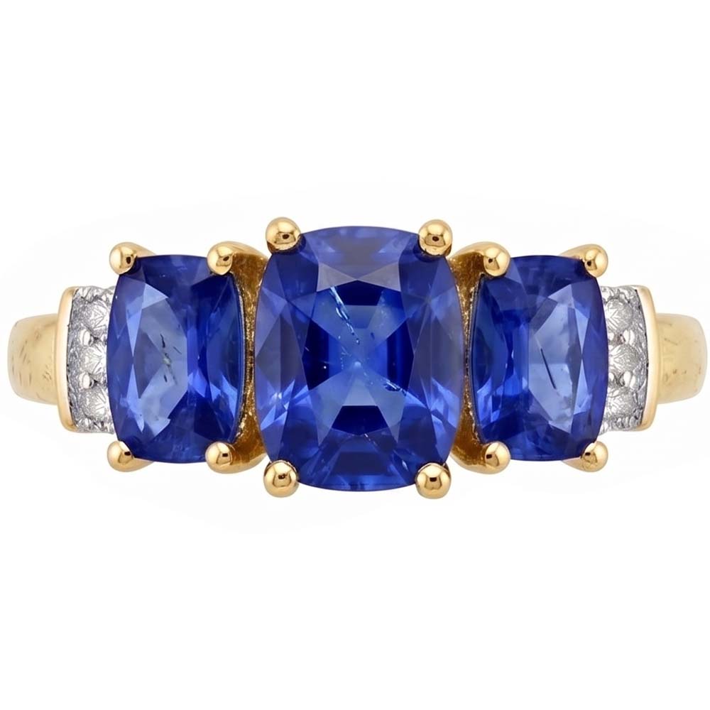 Cushion Sri Lanka Blue Sapphire Natural Earth Mined Diamond ( Not Lab Grown )  Ring 3-Stone 5.26 Carat YG 14K