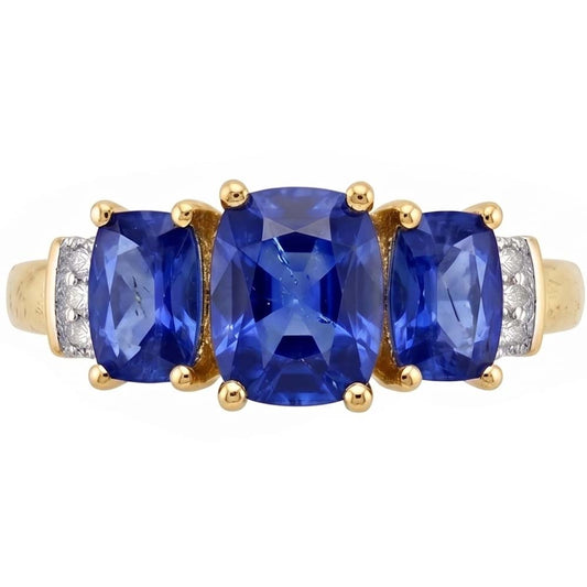 Cushion Sri Lanka Blue Sapphire Natural Earth Mined Diamond ( Not Lab Grown )  Ring 3-Stone 5.26 Carat YG 14K