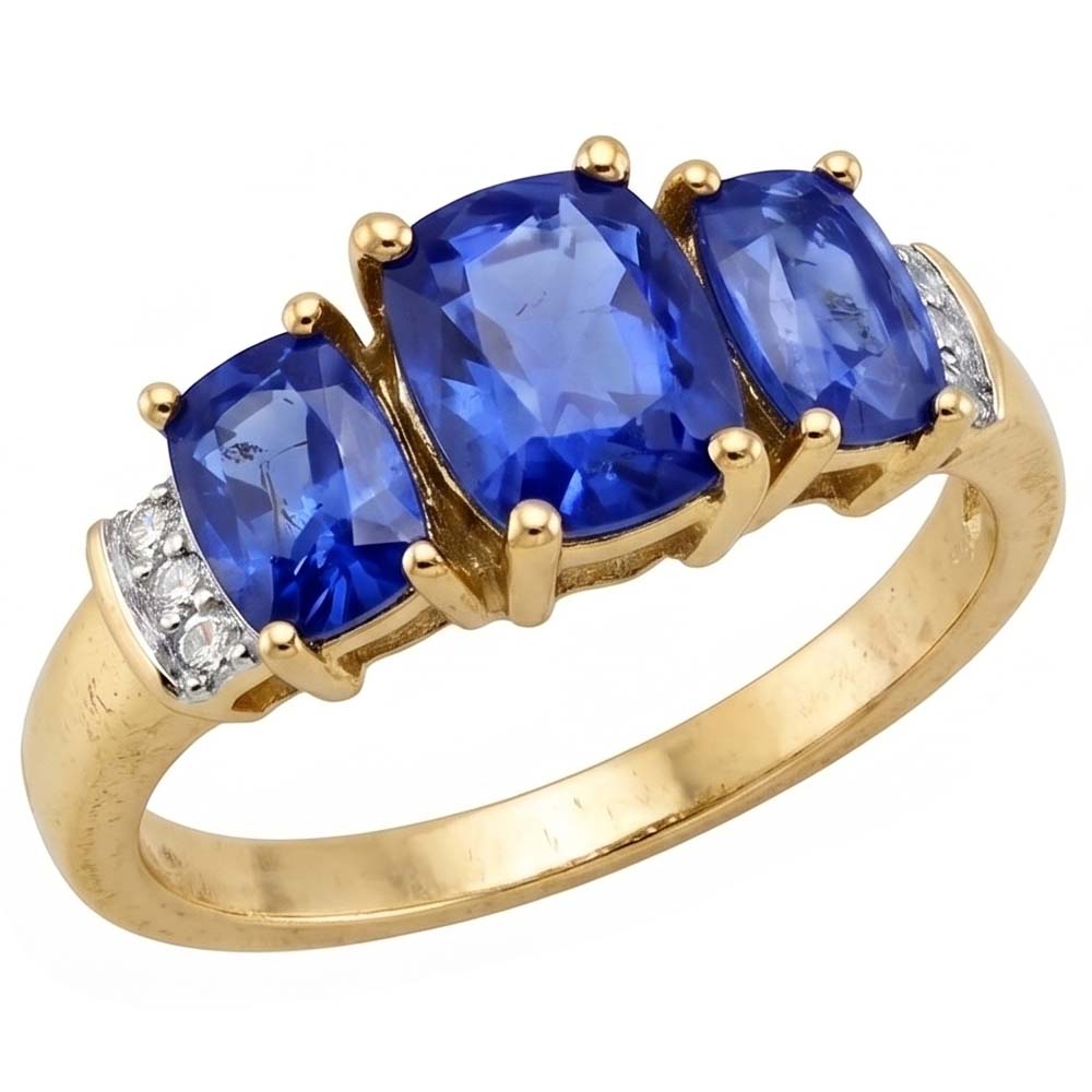 Cushion Sri Lanka Blue Sapphire Natural Earth Mined Diamond ( Not Lab Grown )  Ring 3-Stone 5.26 Carat YG 14K