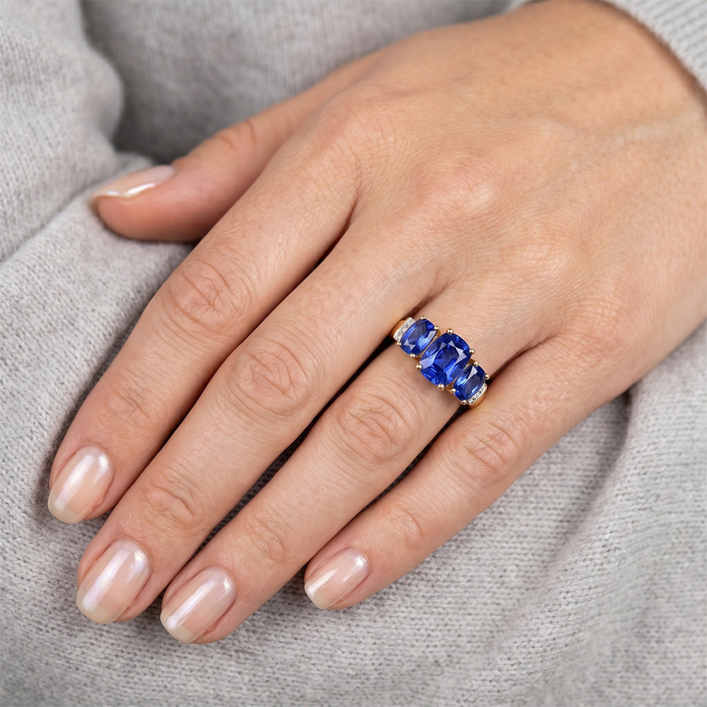Cushion Sri Lanka Blue Sapphire Natural Earth Mined Diamond ( Not Lab Grown )  Ring 3-Stone 5.26 Carat YG 14K