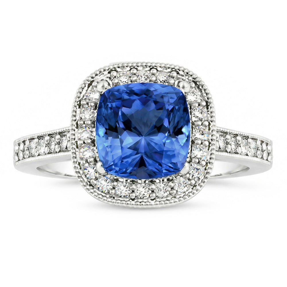 Cushion Sri Lanka Blue Sapphire Natural Earth Mined Diamond ( Not Lab Grown )s 3.40 Ct Ring White Gold 14K