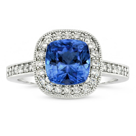 Cushion Sri Lanka Blue Sapphire Natural Earth Mined Diamond ( Not Lab Grown )s 3.40 Ct Ring White Gold 14K