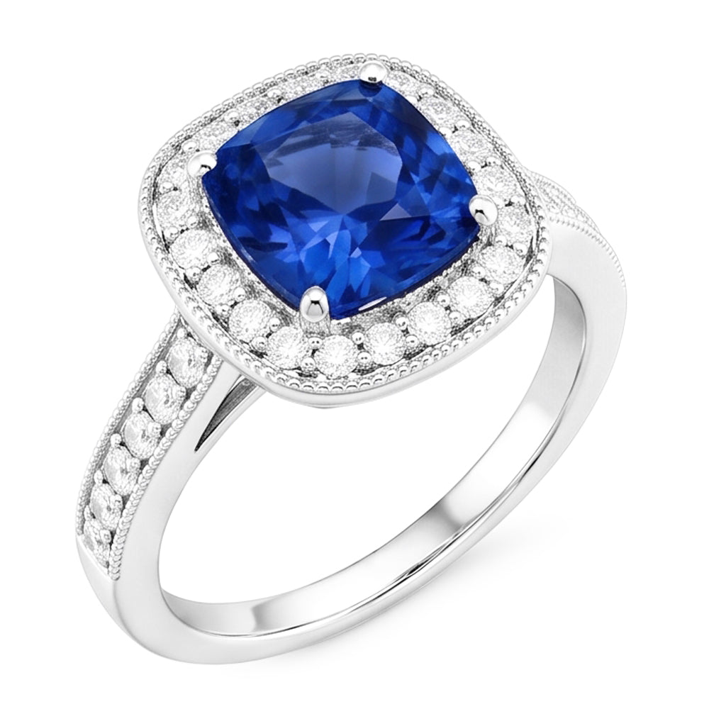 Cushion Sri Lanka Blue Sapphire Natural Earth Mined Diamond ( Not Lab Grown )s 3.40 Ct Ring White Gold 14K