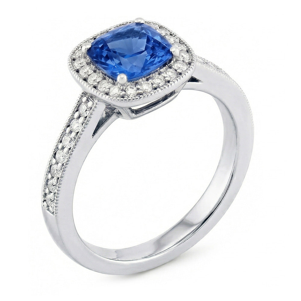Cushion Sri Lanka Blue Sapphire Natural Earth Mined Diamond ( Not Lab Grown )s 3.40 Ct Ring White Gold 14K