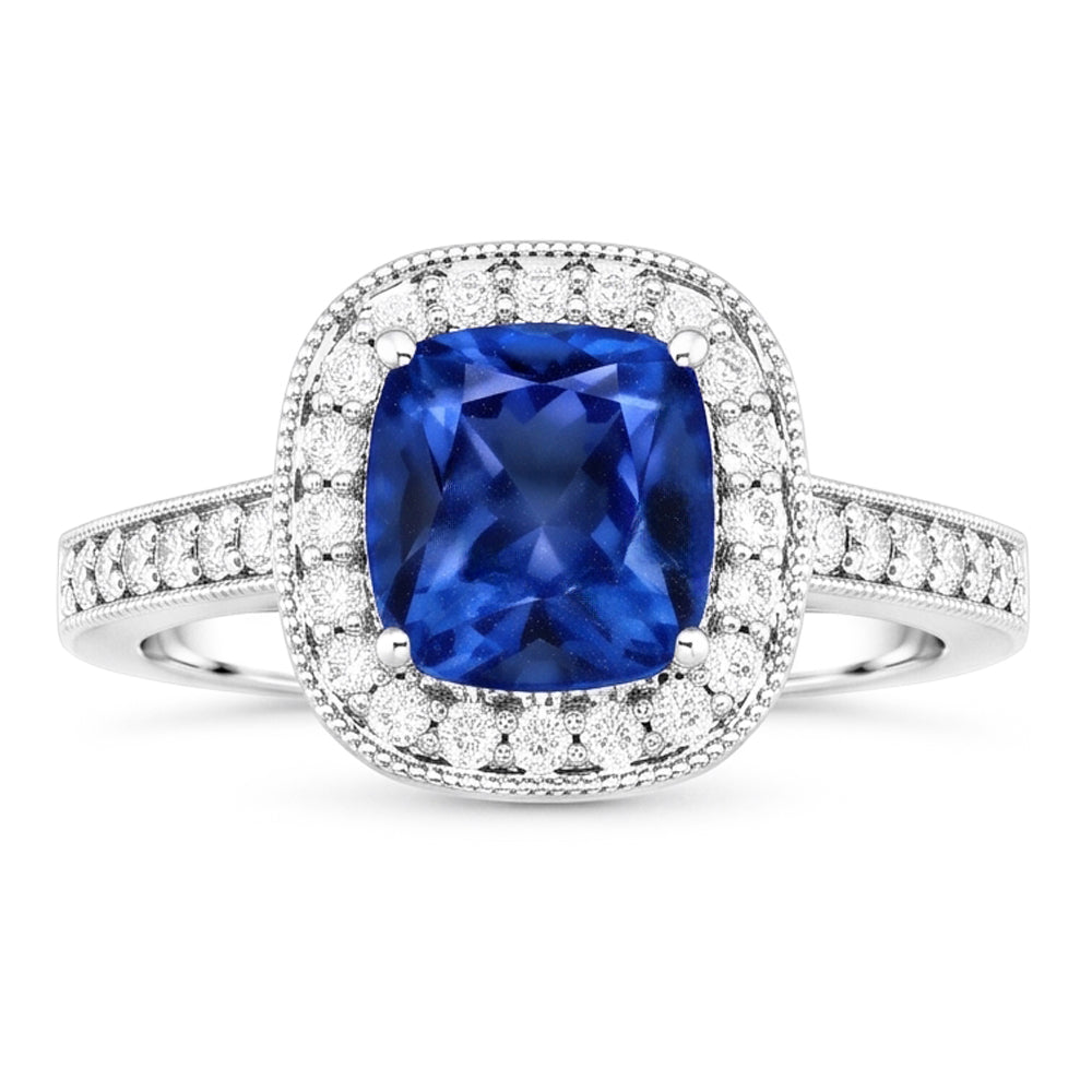 Cushion Sri Lanka Blue Sapphire Natural Earth Mined Diamond ( Not Lab Grown )s 3.40 Ct Ring White Gold 14K