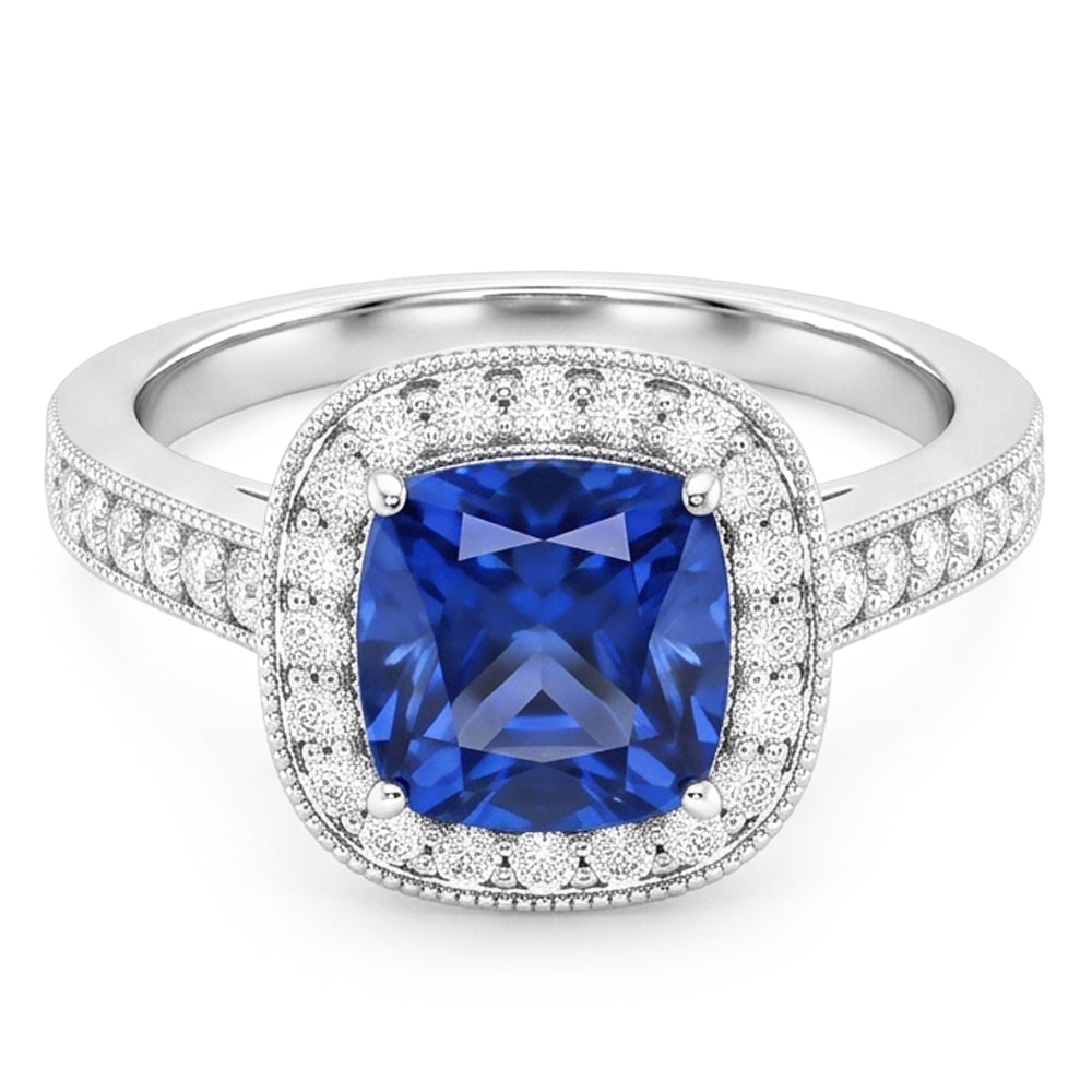 Cushion Sri Lanka Blue Sapphire Natural Earth Mined Diamond ( Not Lab Grown )s 3.40 Ct Ring White Gold 14K