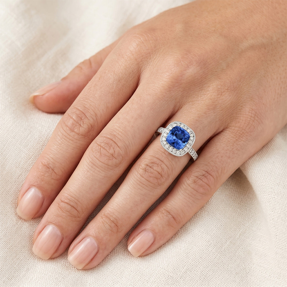 Cushion Sri Lanka Blue Sapphire Natural Earth Mined Diamond ( Not Lab Grown )s 3.40 Ct Ring White Gold 14K