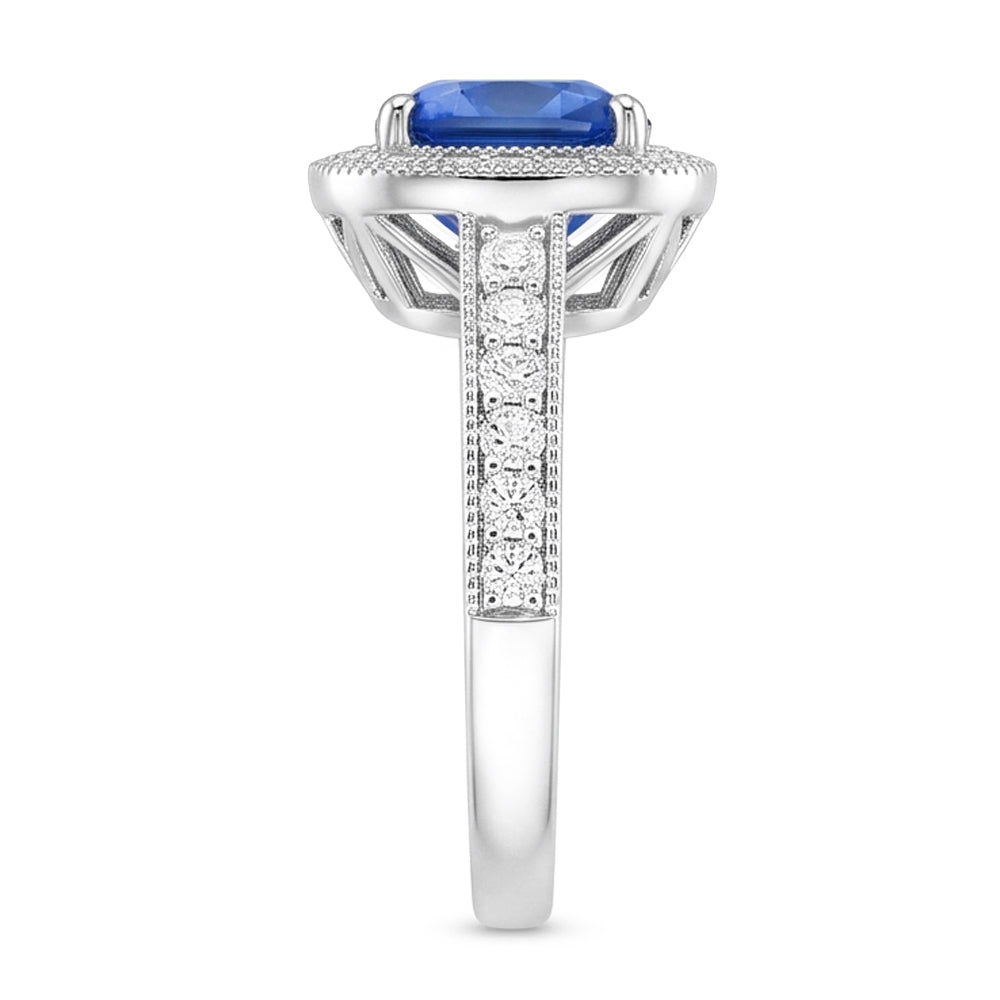 Cushion Sri Lanka Blue Sapphire Natural Earth Mined Diamond ( Not Lab Grown )s 3.40 Ct Ring White Gold 14K