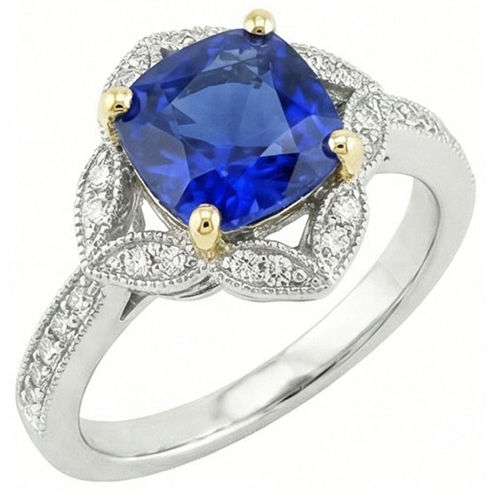 Cushion Sri Lanka Sapphire Natural Earth Mined Diamond ( Not Lab Grown ) s Ring 5.66 Ct. Two Tone Gold