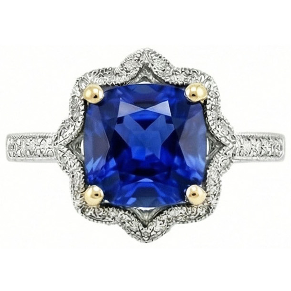 Cushion Sri Lanka Sapphire Natural Earth Mined Diamond ( Not Lab Grown ) s Ring 5.66 Ct. Two Tone Gold