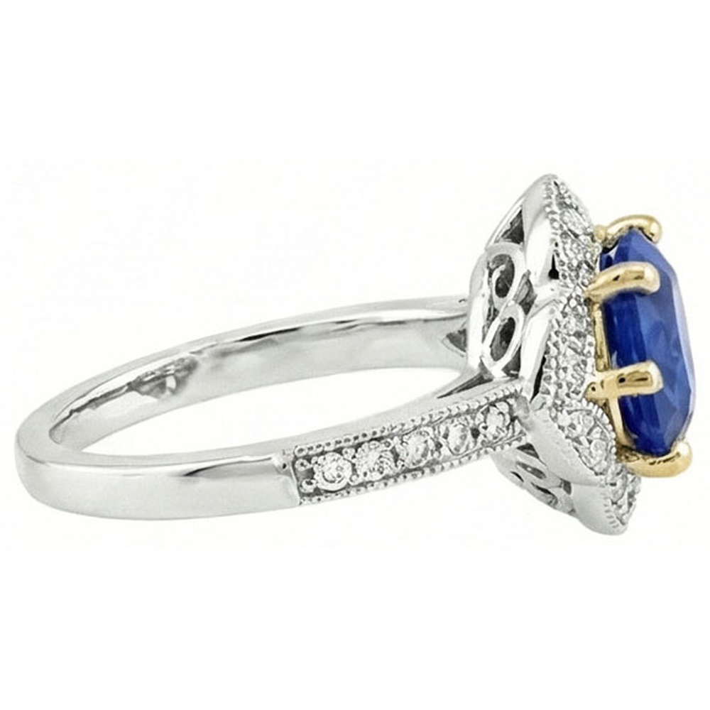 Cushion Sri Lanka Sapphire Natural Earth Mined Diamond ( Not Lab Grown ) s Ring 5.66 Ct. Two Tone Gold