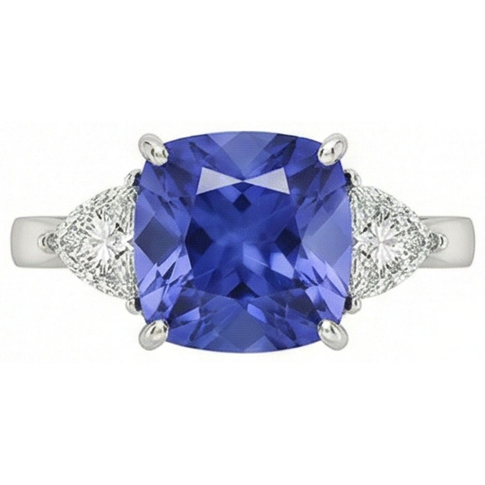 Cushion Tanzanite AAA Natural Earth Mined Diamond ( Not Lab Grown ) s 3 Carat 3-Stone Ring White Gold 14K
