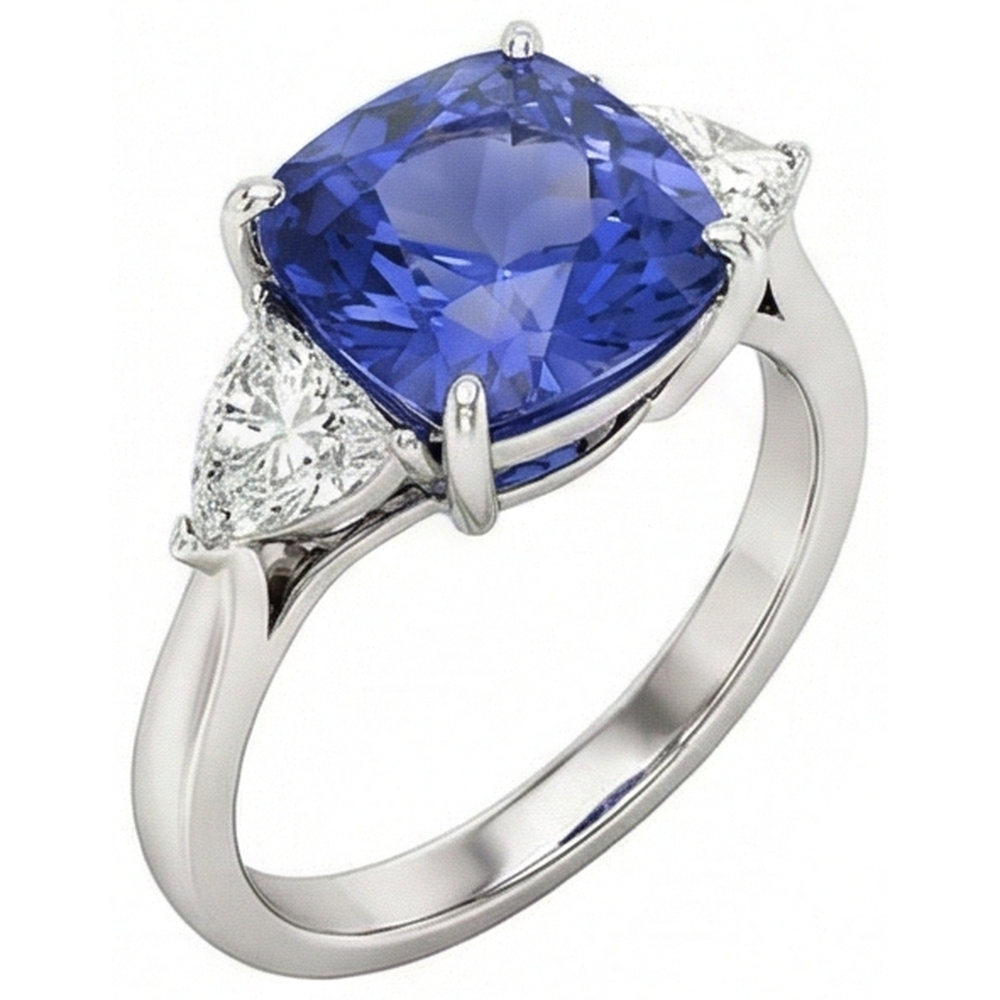 Cushion Tanzanite AAA Natural Earth Mined Diamond ( Not Lab Grown ) s 3 Carat 3-Stone Ring White Gold 14K