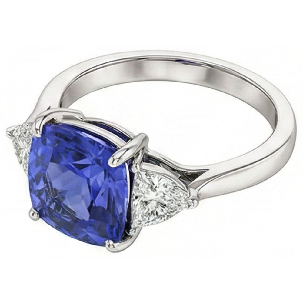 Cushion Tanzanite AAA Natural Earth Mined Diamond ( Not Lab Grown ) s 3 Carat 3-Stone Ring White Gold 14K