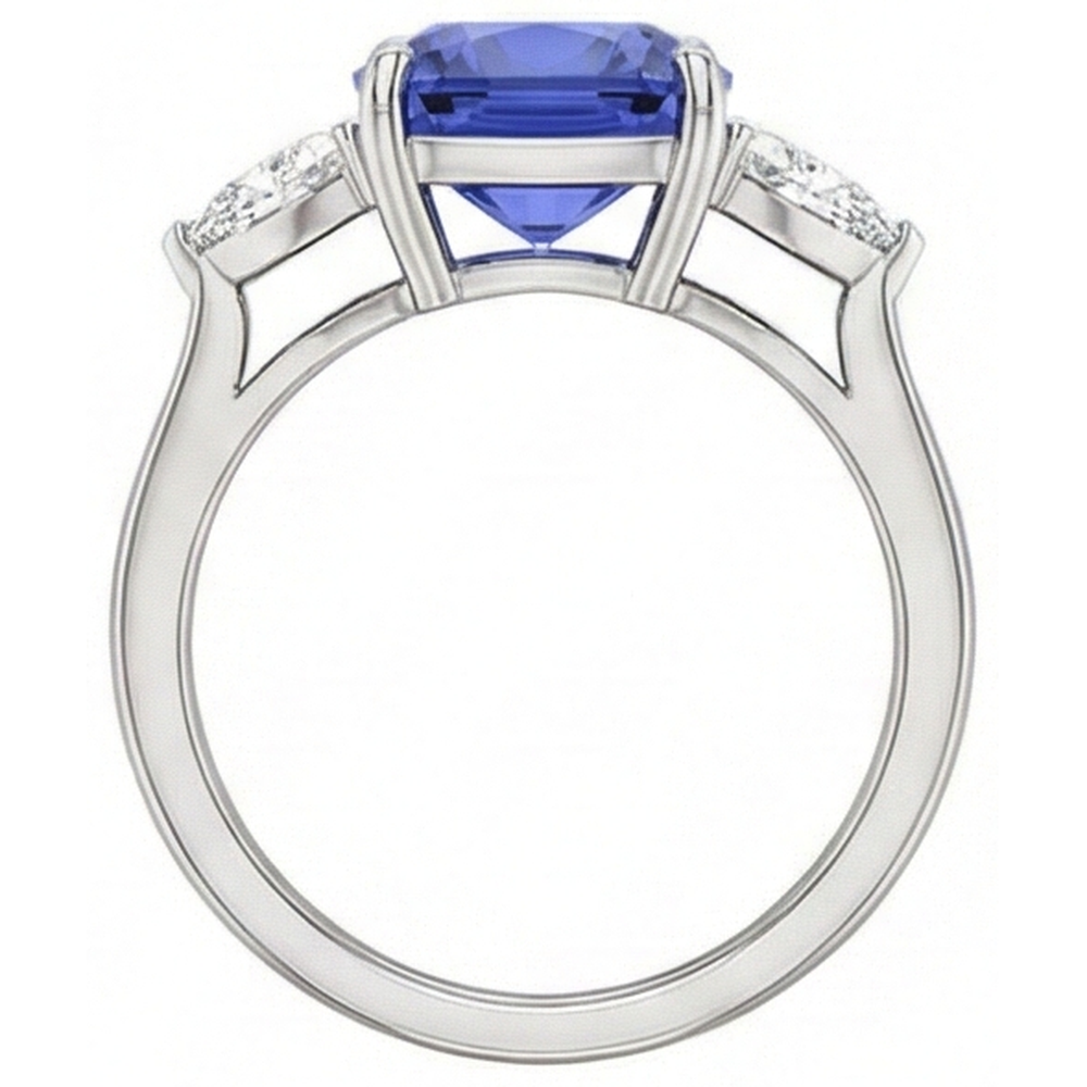 Cushion Tanzanite AAA Natural Earth Mined Diamond ( Not Lab Grown ) s 3 Carat 3-Stone Ring White Gold 14K