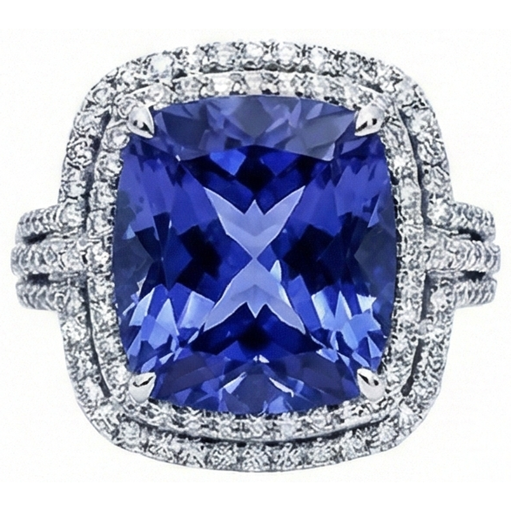 Cushion Tanzanite And Round Natural Earth Mined Diamond ( Not Lab Grown ) s 4.50 Carats Ring Gemstone Jewelry