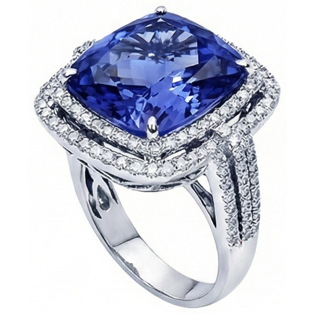 Cushion Tanzanite And Round Natural Earth Mined Diamond ( Not Lab Grown ) s 4.50 Carats Ring Gemstone Jewelry