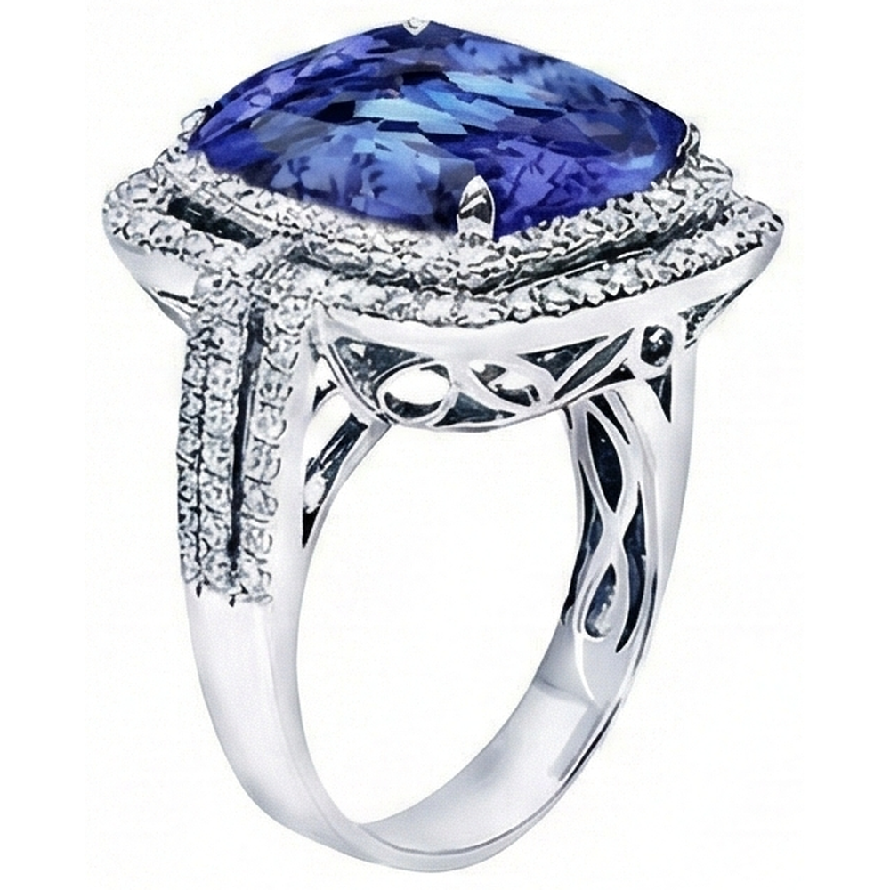 Cushion Tanzanite And Round Natural Earth Mined Diamond ( Not Lab Grown ) s 4.50 Carats Ring Gemstone Jewelry