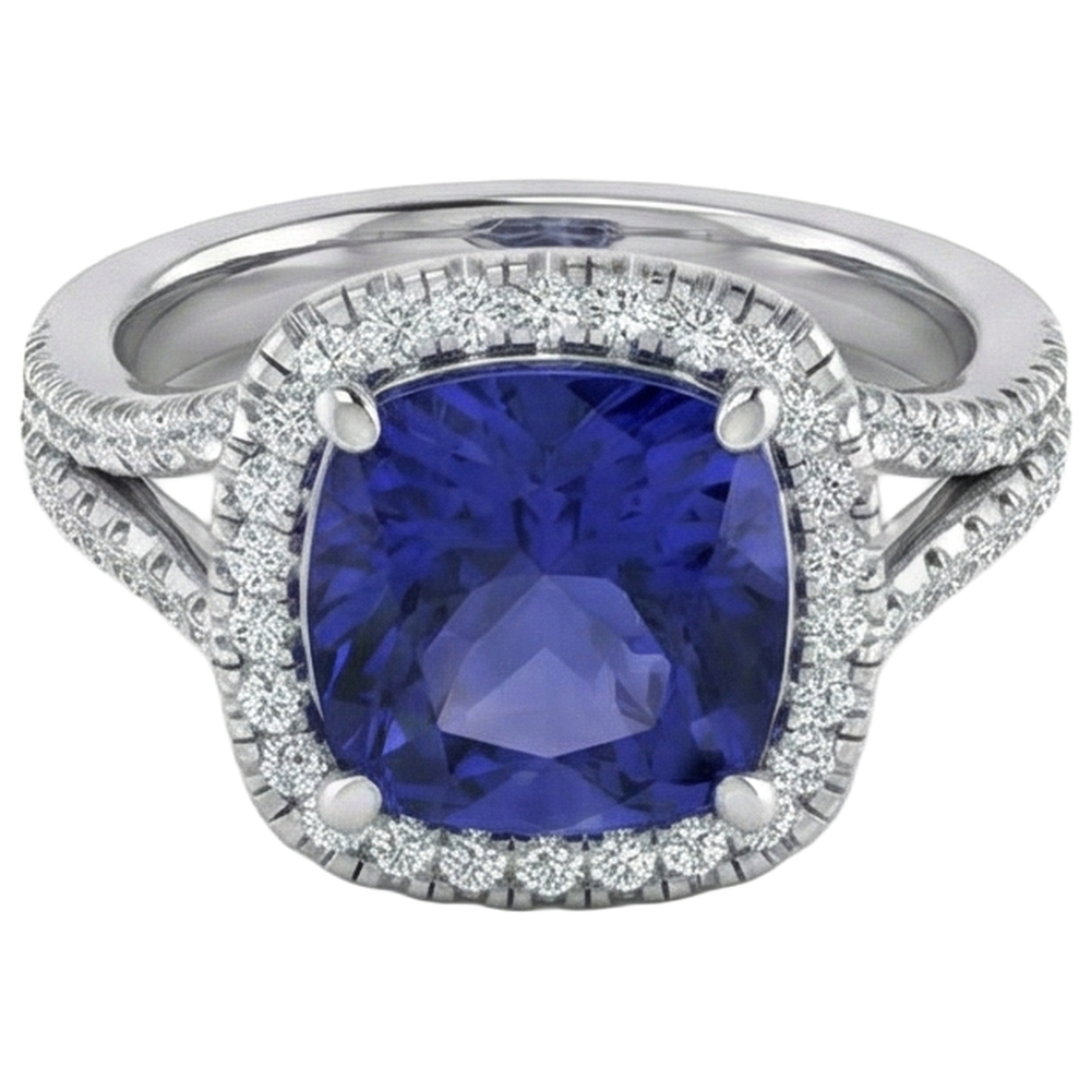 Cushion Tanzanite Halo Gemstone Ring 6.50 Carats Split Shank