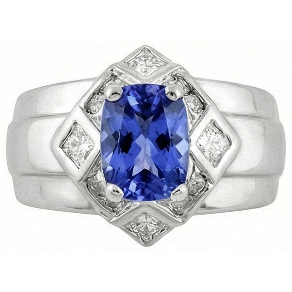 Cushion Tanzanite Natural Earth Mined Diamond ( Not Lab Grown ) s 5 Carats Ring White Gold 14K