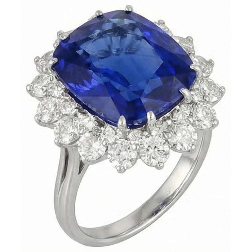 Cushion Tanzanite With Round Natural Earth Mined Diamond ( Not Lab Grown )s 5 Ct Ring New White Gold 14K