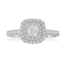 Cushion And Round 3 Carats Natural Diamond Anniversary Ring 14K White Gold