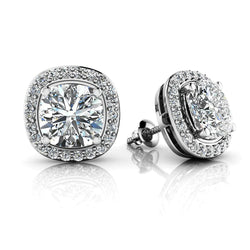 Cushion And Round Cut 3.44 Ct Real Diamonds Stud Halo Earrings White Gold 14K