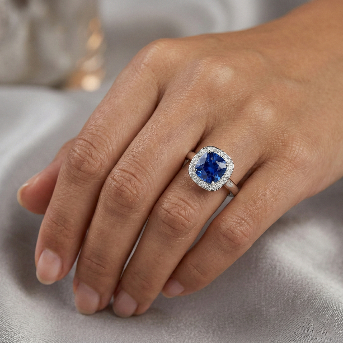Cushion And Round Cut 3 Ct Sri Lanka Sapphire Ring White Gold 14K