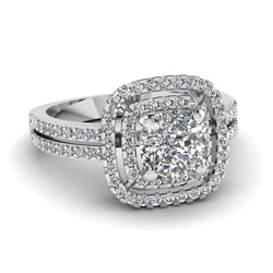Cushion And Round Cut Double Halo Real Diamond Ring 2.50 Carats WG 14K