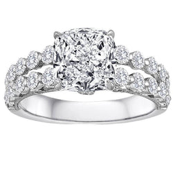 Cushion And Round Genuine Diamond Ring Split Shank 4.50 Carats White Gold 14K