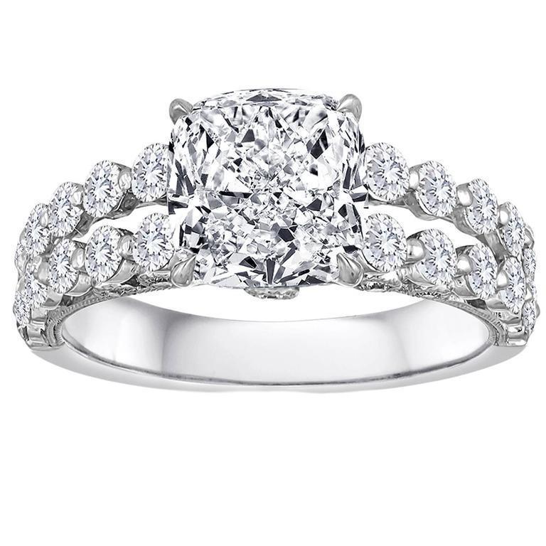 Cushion And Round Genuine Diamond Ring Split Shank 4.50 Carats White Gold 14K