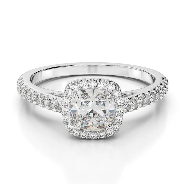 Cushion And Round Natural Diamond 3.25 Carats Ring Halo White Gold 14K