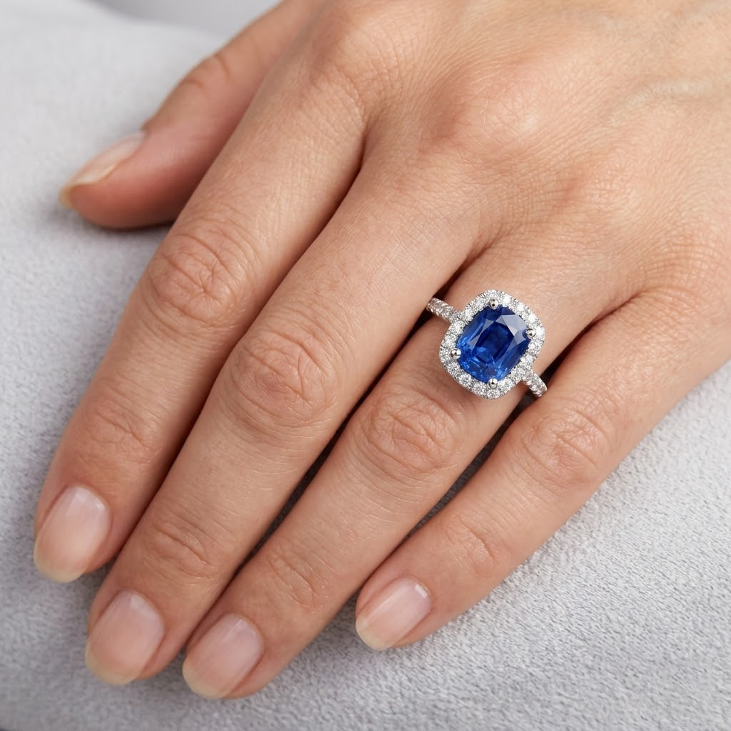 Cushion Ceylon Sapphire Natural Earth Mined Diamond ( Not Lab Grown )  Ring Gold Jewelry 3 Ct