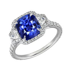 Cushion Cut Sapphire And Natural Earth Mined Diamond Halo Ring
