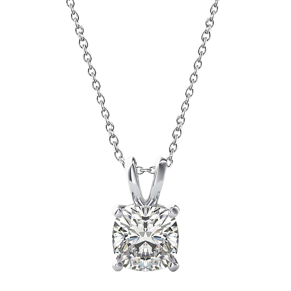 Cushion Cut Solitaire Real Diamond Necklace Pendant 1.50 Ct 14K White Gold